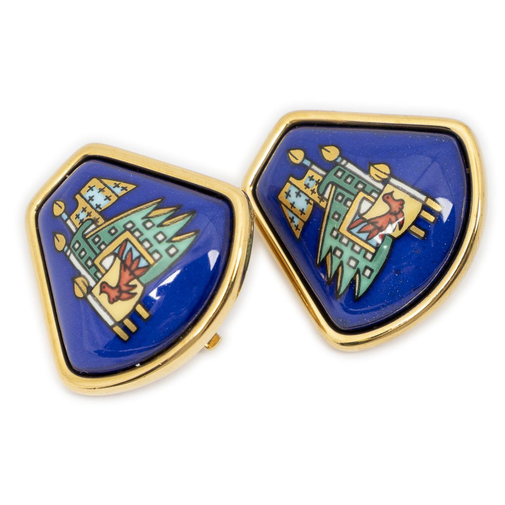 Hermes Inlaid Clip on Earrings Blue Green Flag Motif
