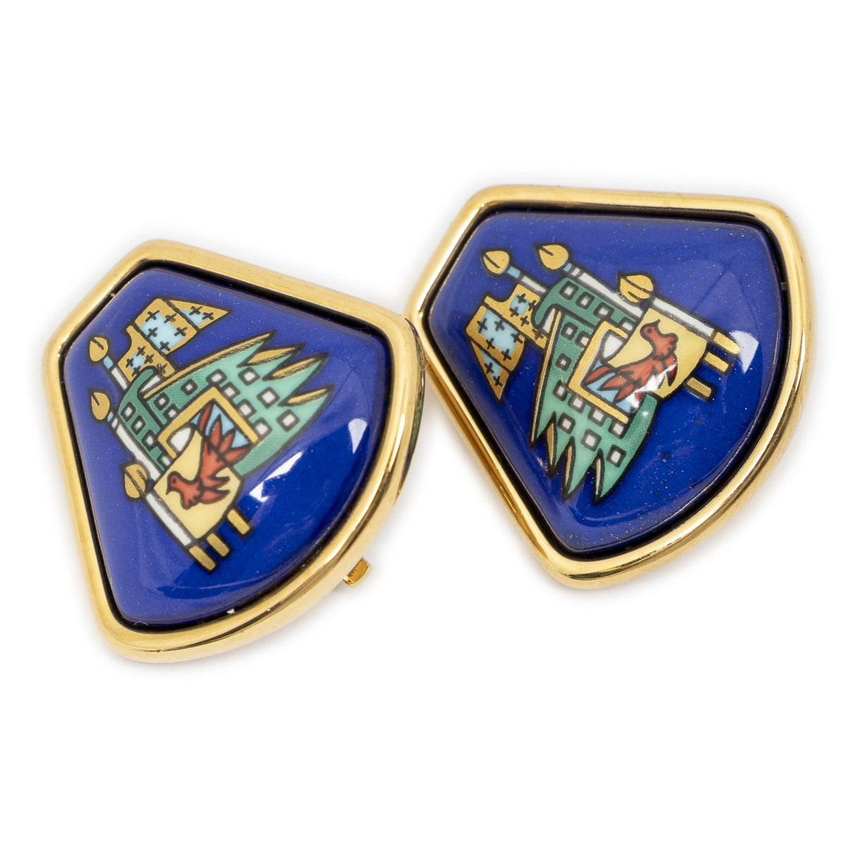 Hermes Inlaid Clip on Earrings Blue Green Flag Motif