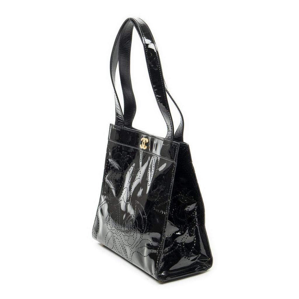 Chanel CC Perforated Camellia Tote Black Patent Leather — view 2