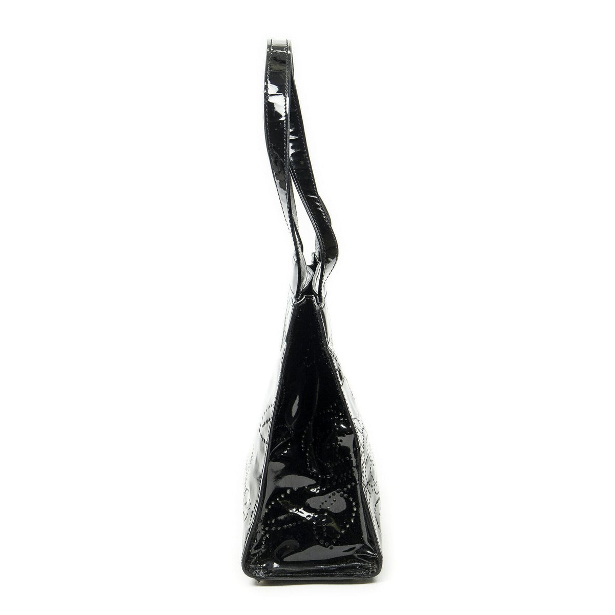 Chanel CC Perforated Camellia Tote Black Patent Leather — view 3