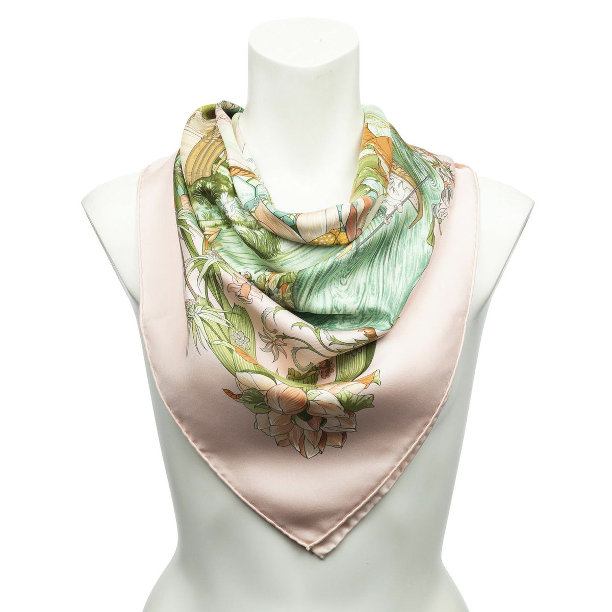 Hermes Scarf Light Pink Green Orange Twill Silk