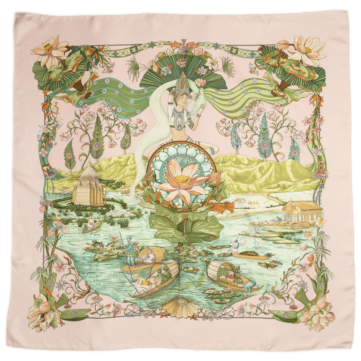 Hermes Scarf Light Pink Green Orange Twill Silk