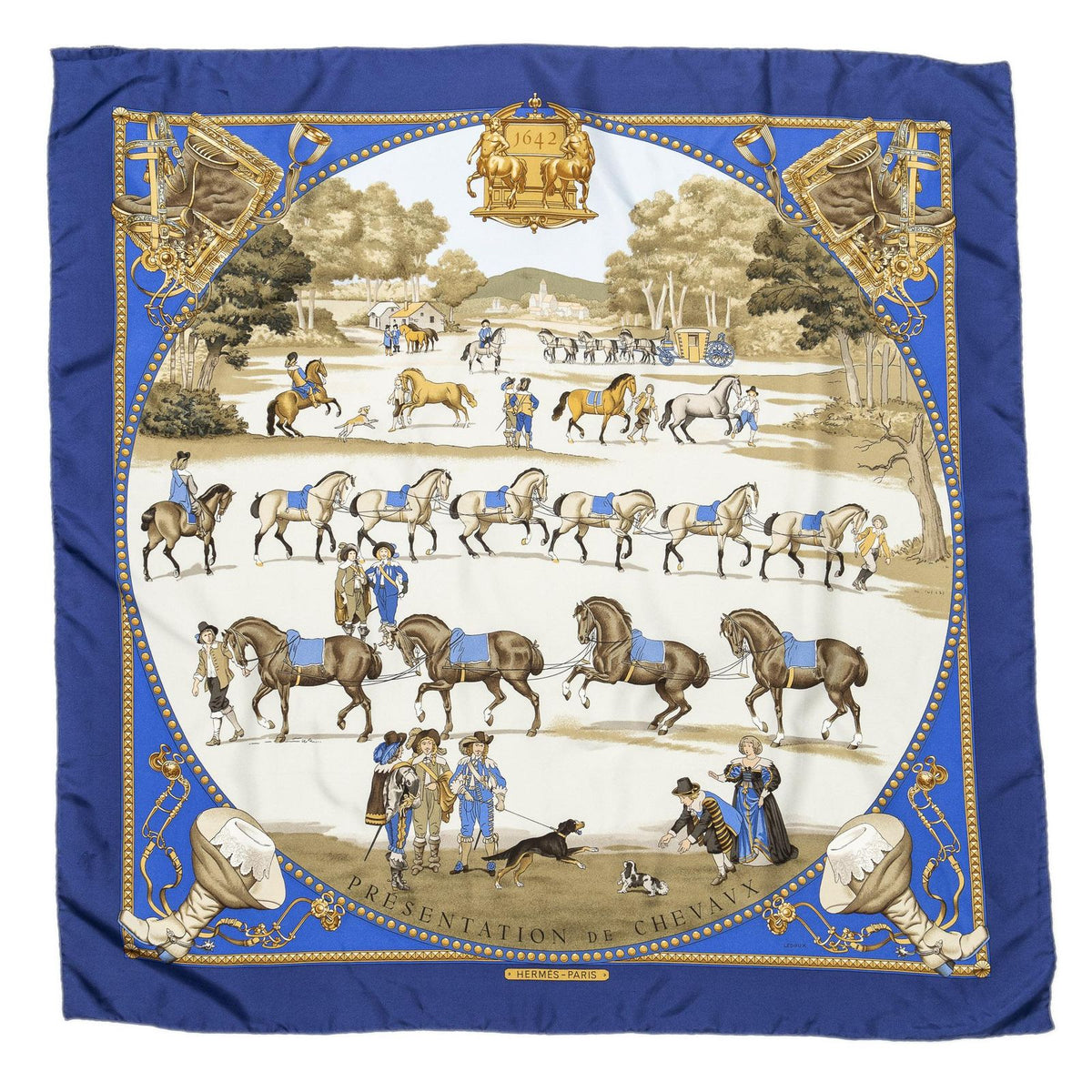 Hermes Scarf Blue Brown Goldtwill Silk — view 2