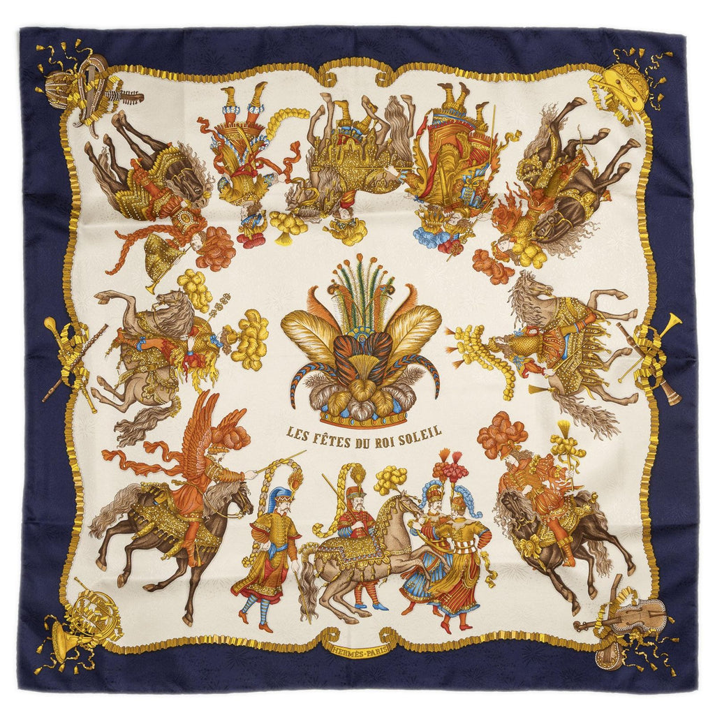Hermes Scarf Navy Ivory Gold 100% Jacquard Silk — view 2