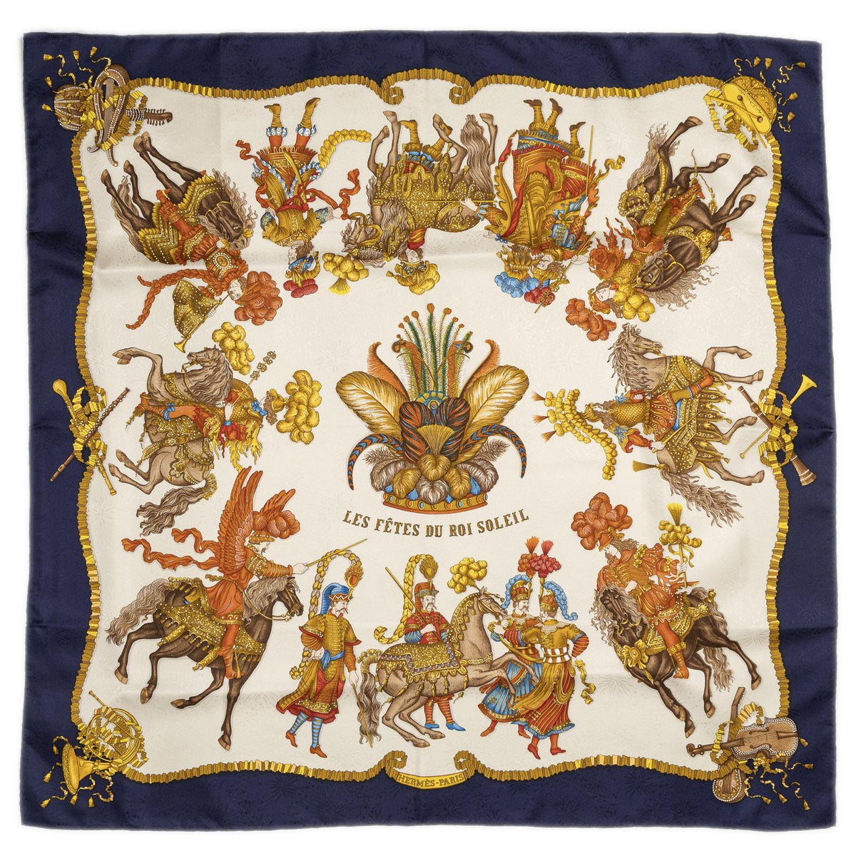 Hermes Scarf Navy Ivory Gold 100% Jacquard Silk — view 2