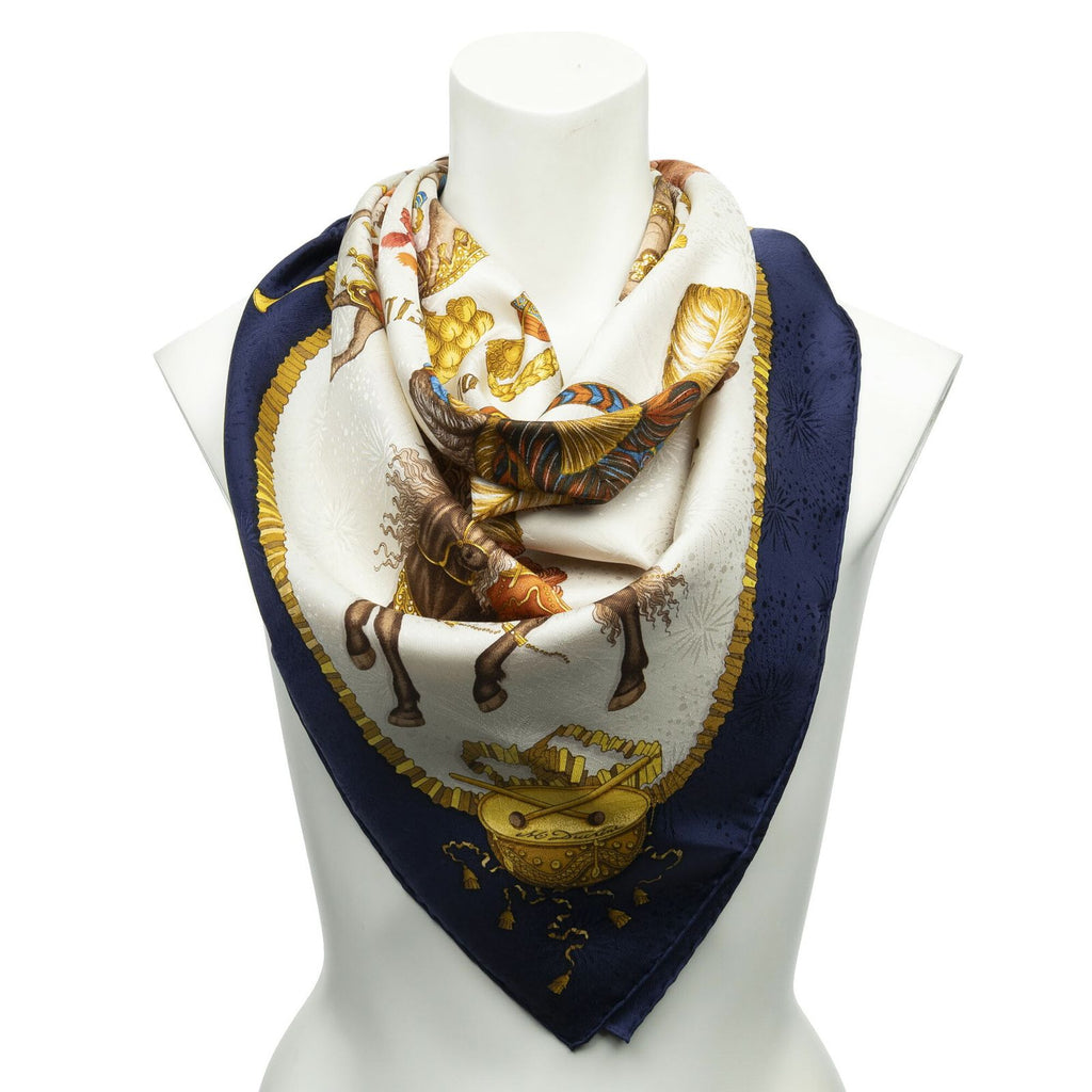 Hermes Scarf Navy Ivory Gold 100% Jacquard Silk
