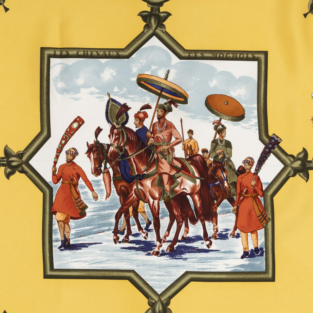 Hermes Scarf Yellow Tan Green Twill Silk — view 3