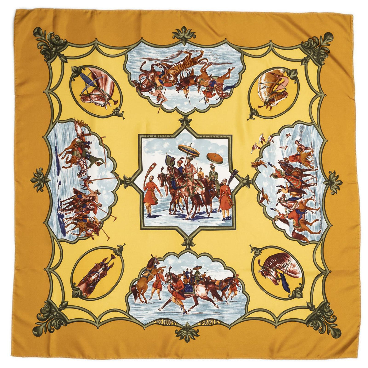 Hermes Scarf Yellow Tan Green Twill Silk — view 2