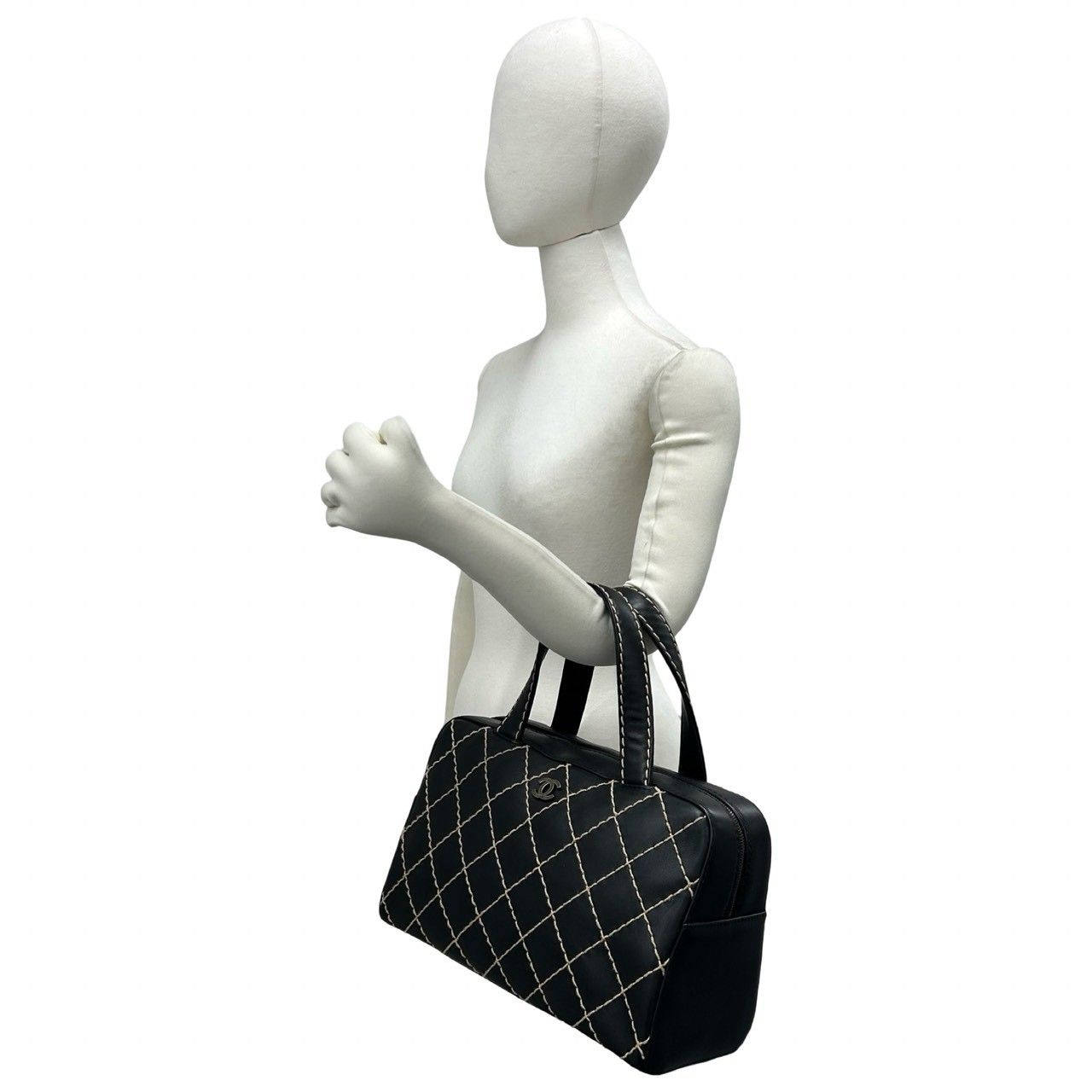 Chanel CC Logo Wild Stitch Leather Mini Boston Bag Black — view 2
