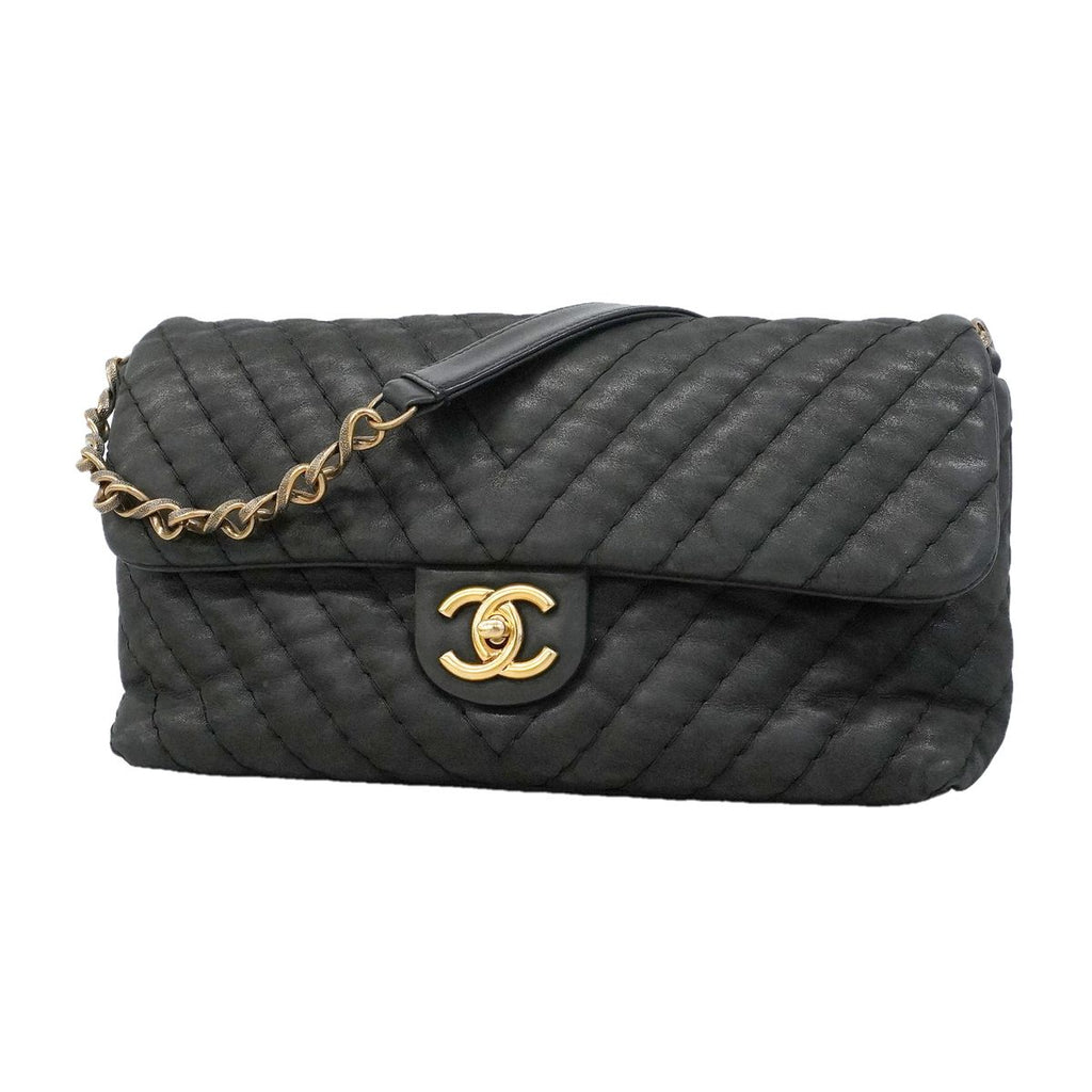 Chanel Shoulder Bag Chevron Sparkle Leather Black Gold