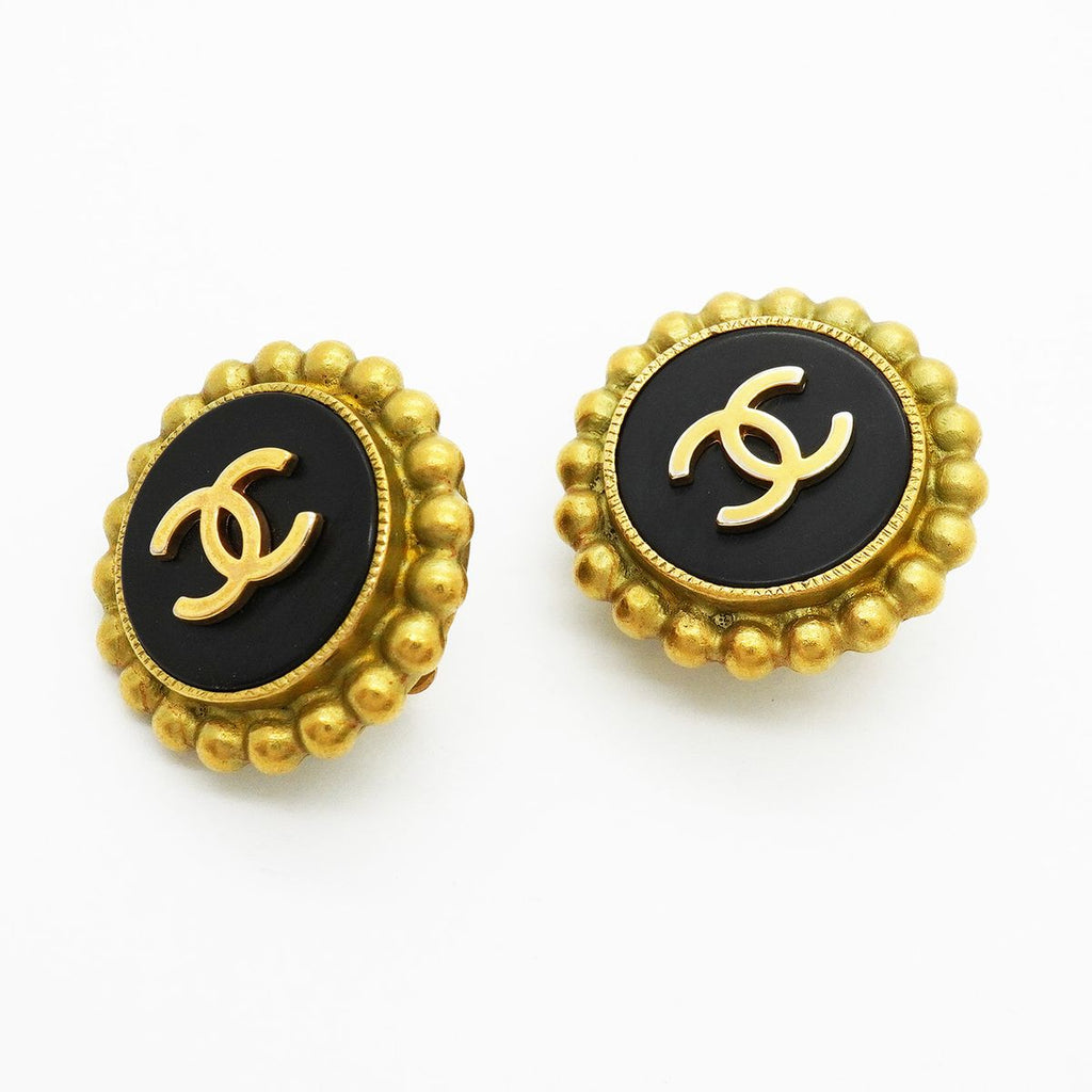 Chanel Earrings Vintage CC Logo Gold Plated Black — view 2
