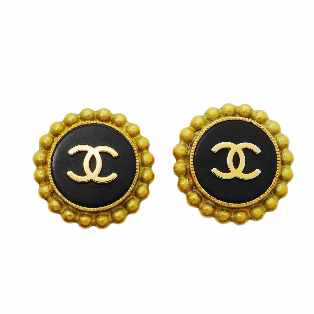 Chanel Earrings Vintage CC Logo Gold Plated Black