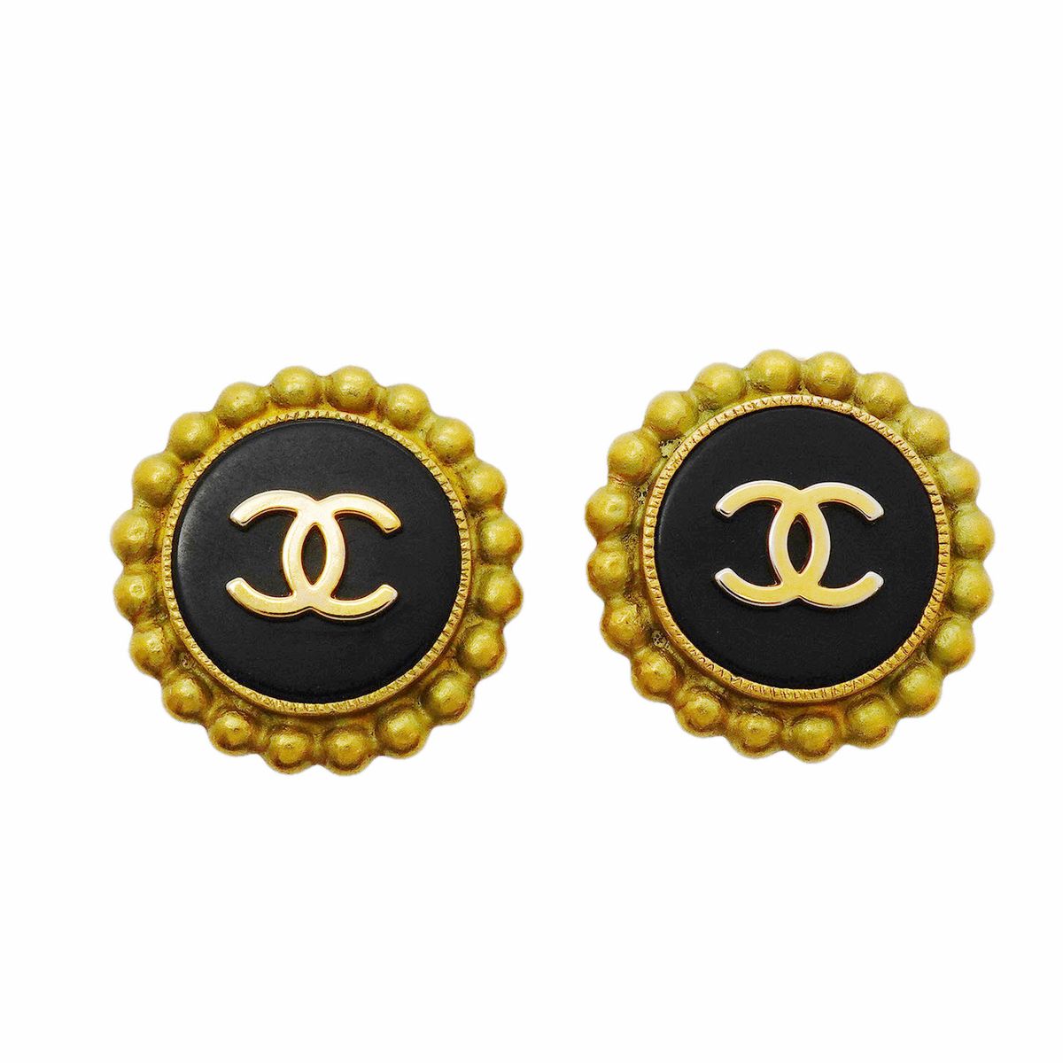 Chanel Earrings Vintage CC Logo Gold Plated Black