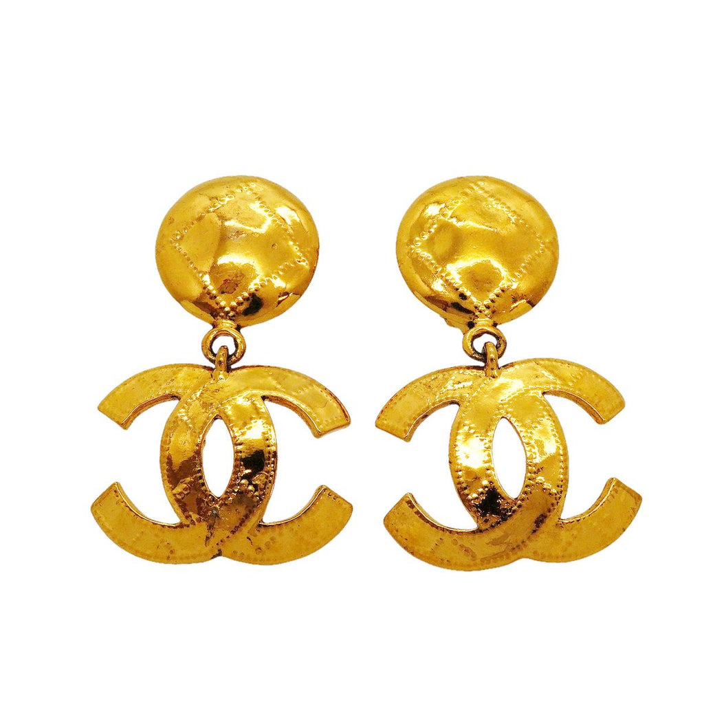 Chanel Earrings Vintage CC Logo Quilted Gold Plated