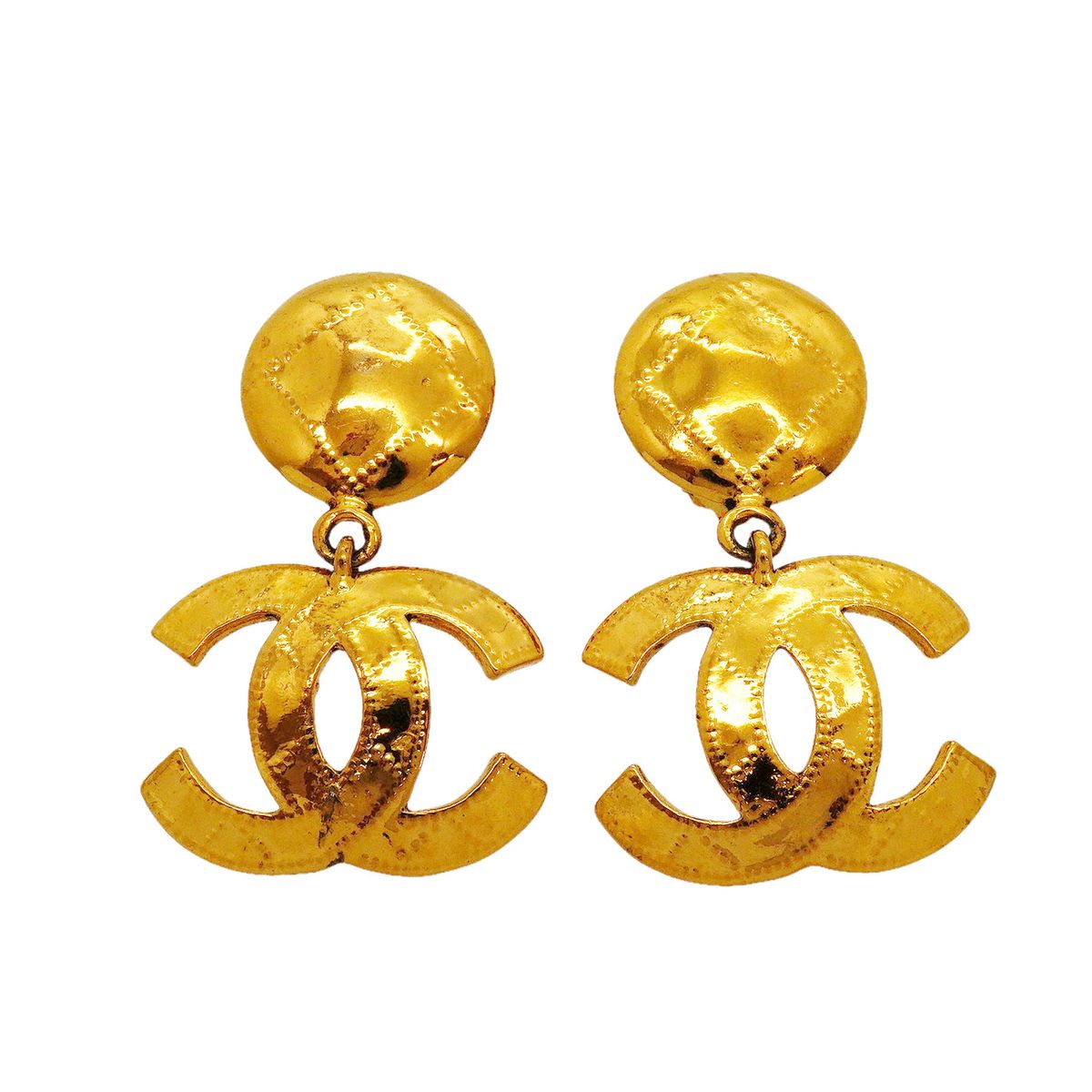 Chanel Earrings Vintage CC Logo Quilted Gold Plated