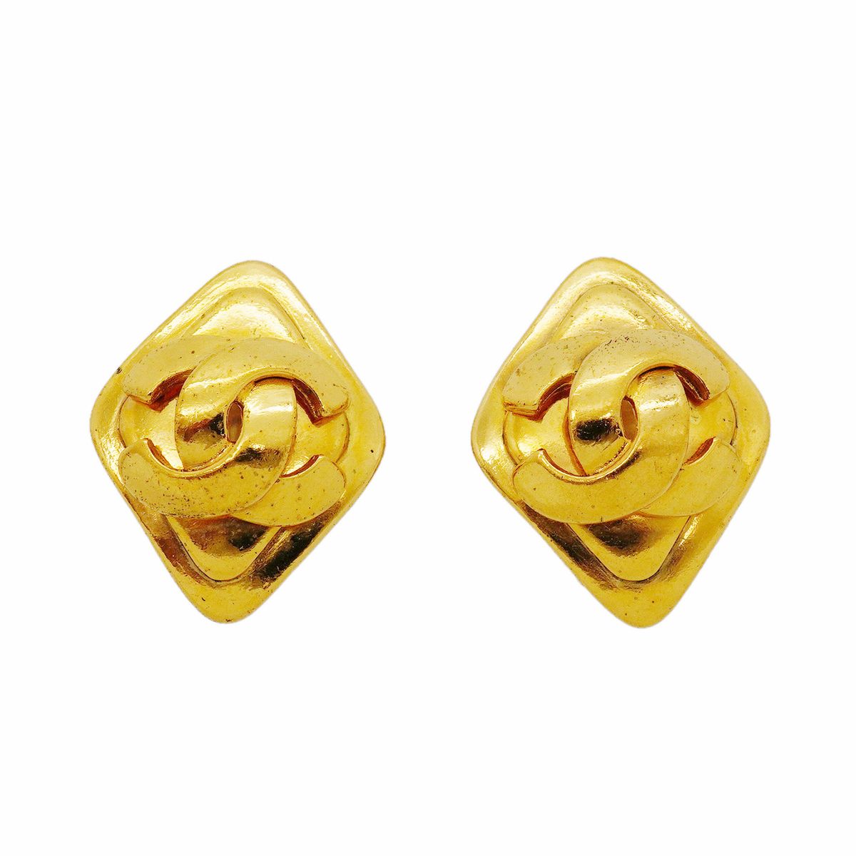 Chanel Earrings Vintage CC Logo Diamond Shape Gold Plated