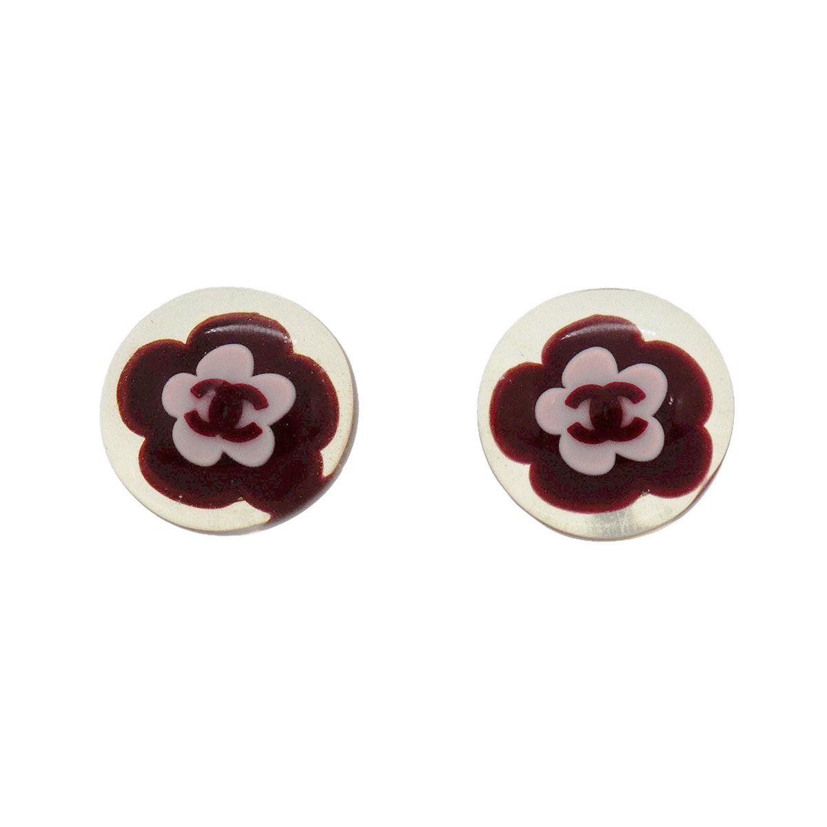 Chanel Earrings CC Logo Camellia Metal Silver Pink Wine
