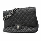 Chanel Shoulder Bag Maxi Quilted Caviar Leather Black Silver