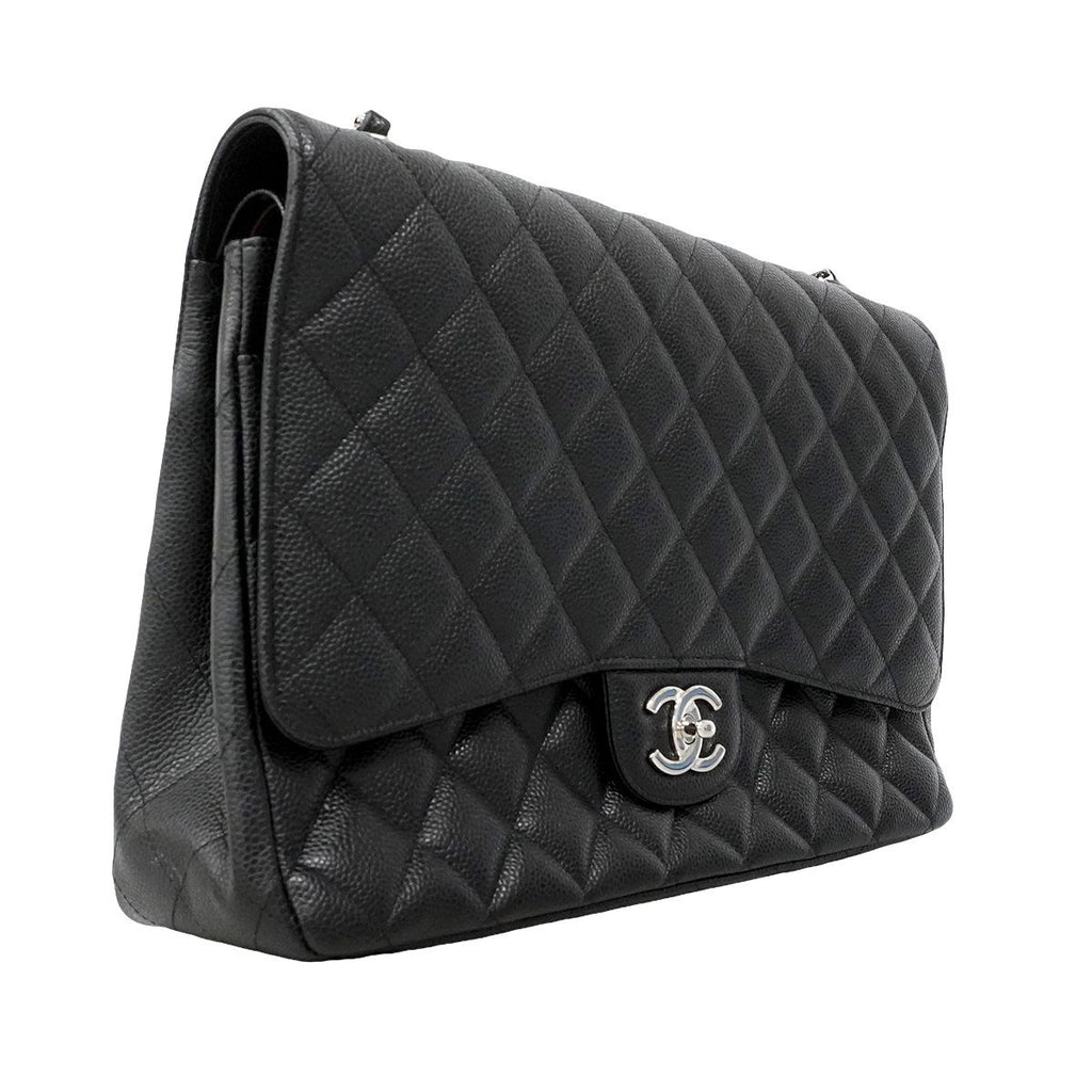 Chanel Shoulder Bag Maxi Quilted Caviar Leather Black Silver — view 2