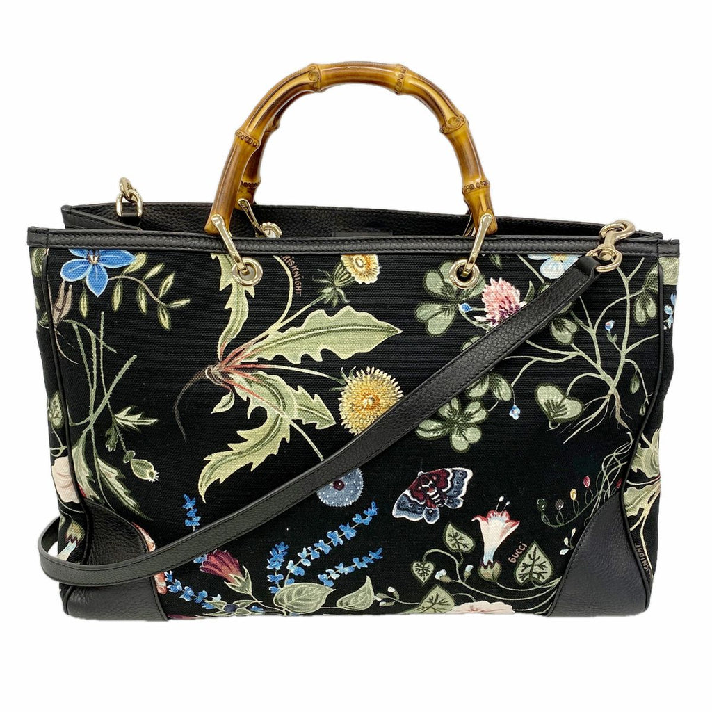 Gucci Tote GG Blooms Bamboo Canvas Black Multicolor Champagne Gold 2-Way