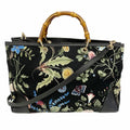 Gucci Tote GG Blooms Bamboo Canvas Black Multicolor Champagne Gold 2-Way