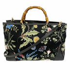 Gucci Tote GG Blooms Bamboo Canvas Black Multicolor Champagne Gold 2-Way