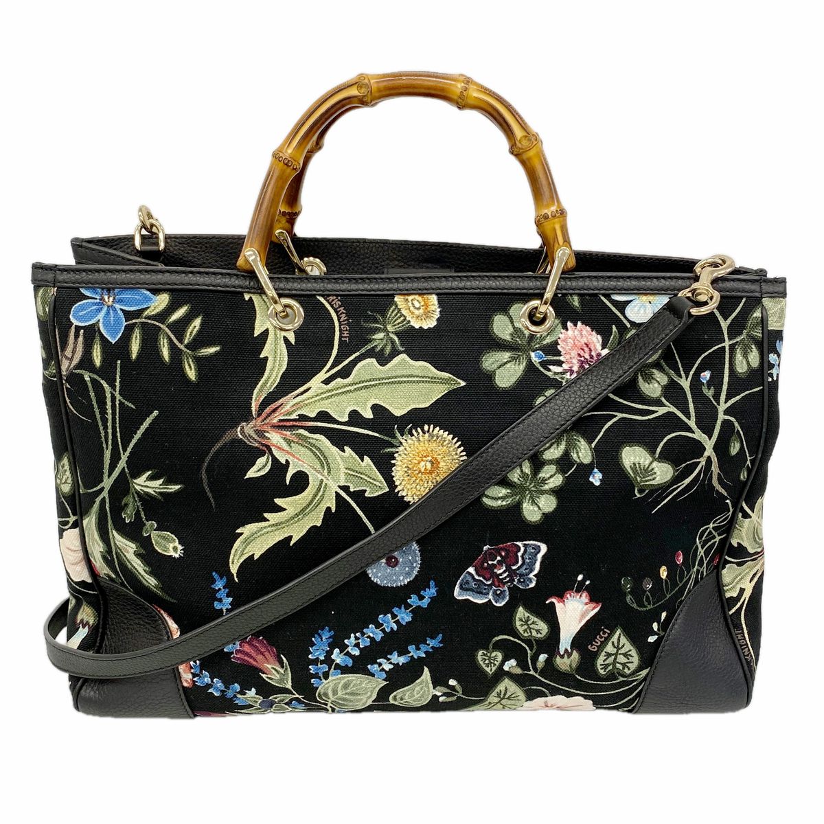 Gucci Tote GG Blooms Bamboo Canvas Black Multicolor Champagne Gold 2-Way