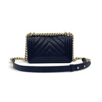 Chanel Boy 20 Shoulder Bag Navy Gold CC Logo Small V-stitch — view 3