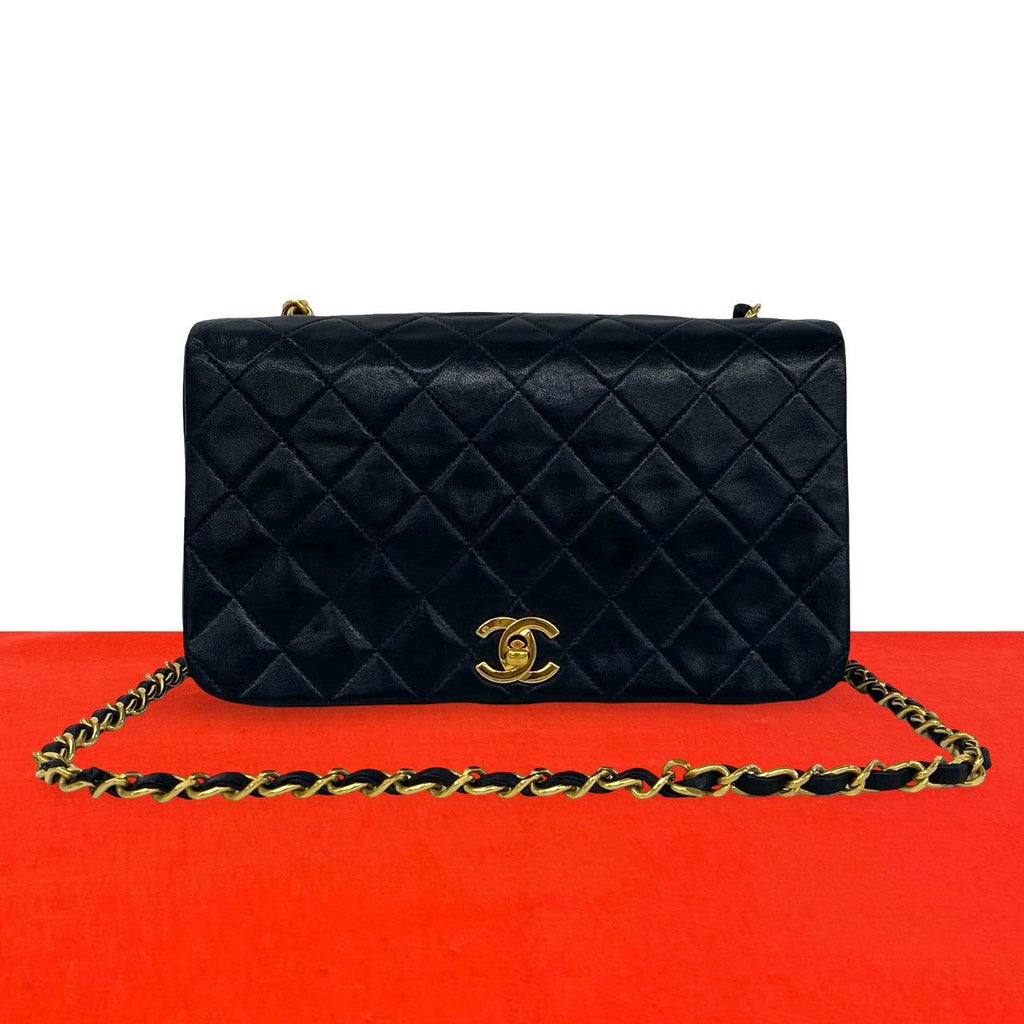Chanel Vintage Quilted Coco Full Flap Lambskin Chain Shoulder Bag Navy