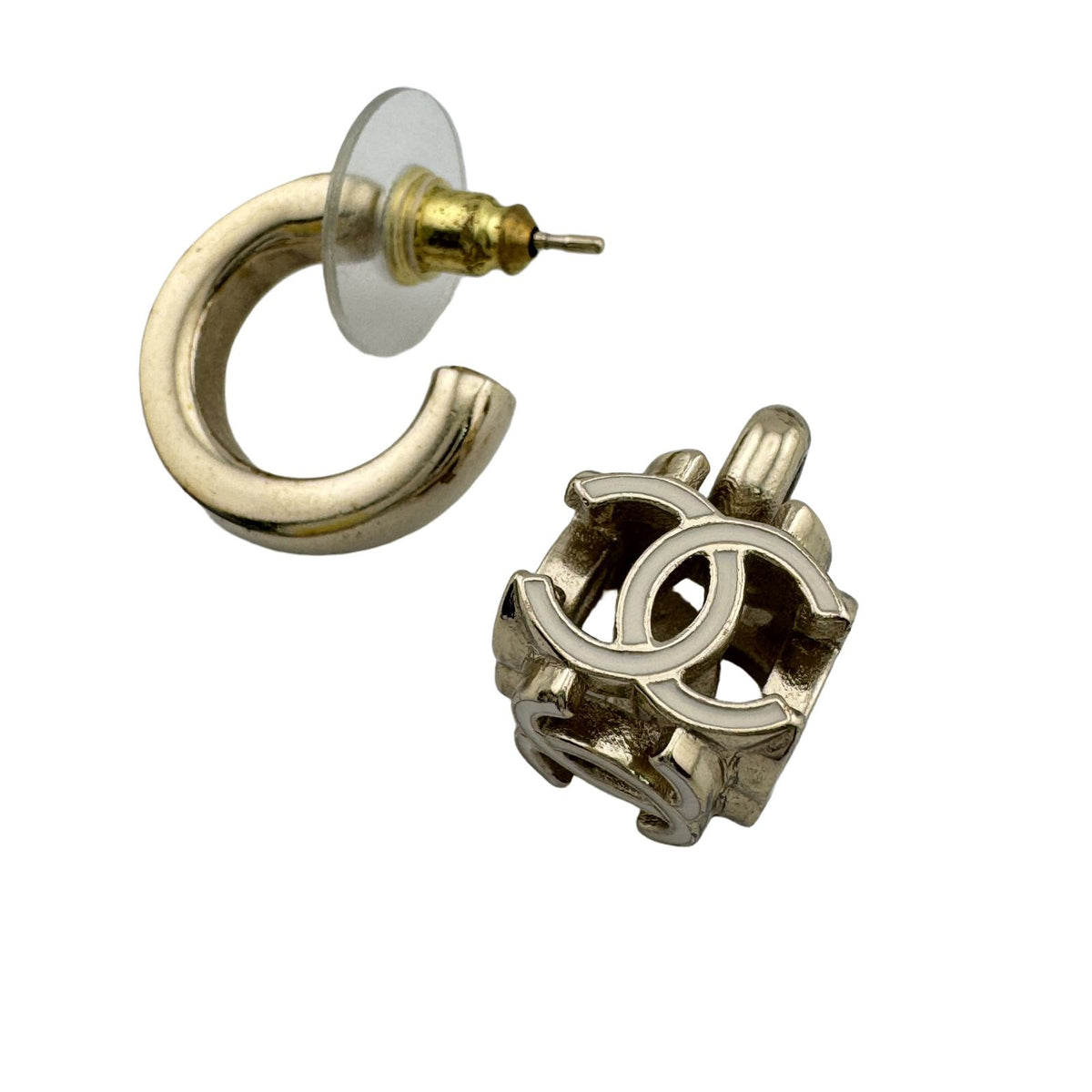 Chanel CC Logo Cube Hoop Earrings One Side Only Metal Silver