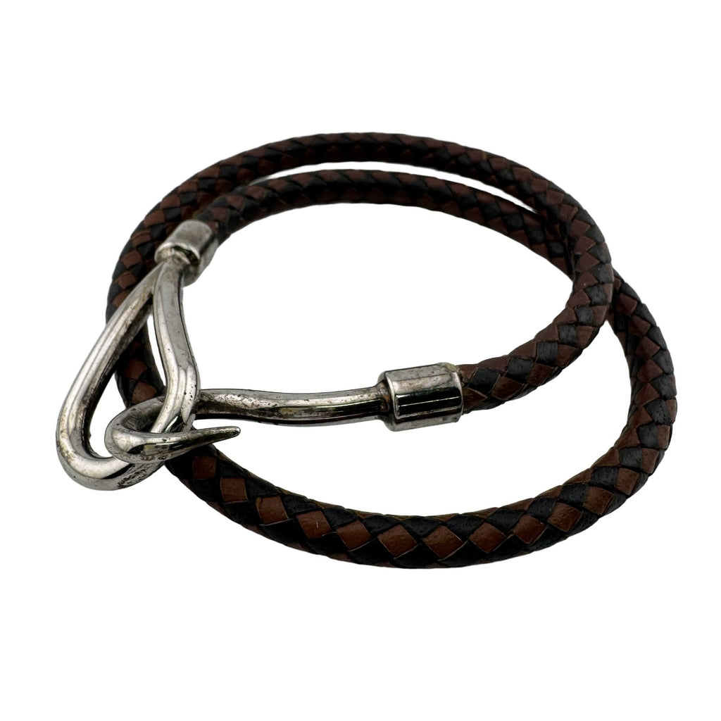 Hermes Jumbo Braided Bracelet Leather Metal Brown Black