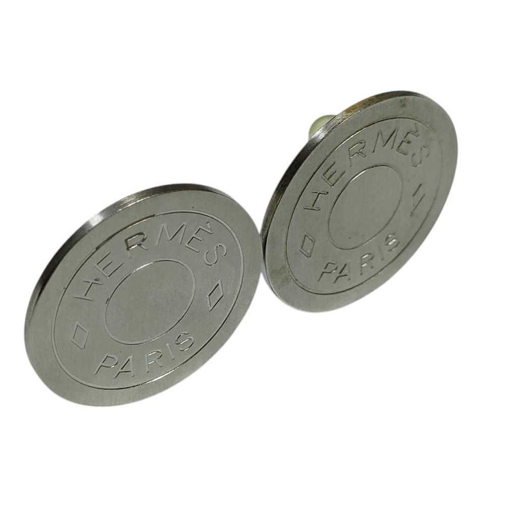 Hermes Sellier Round Logo Stamp Clip Earrings Silver Colored — view 2