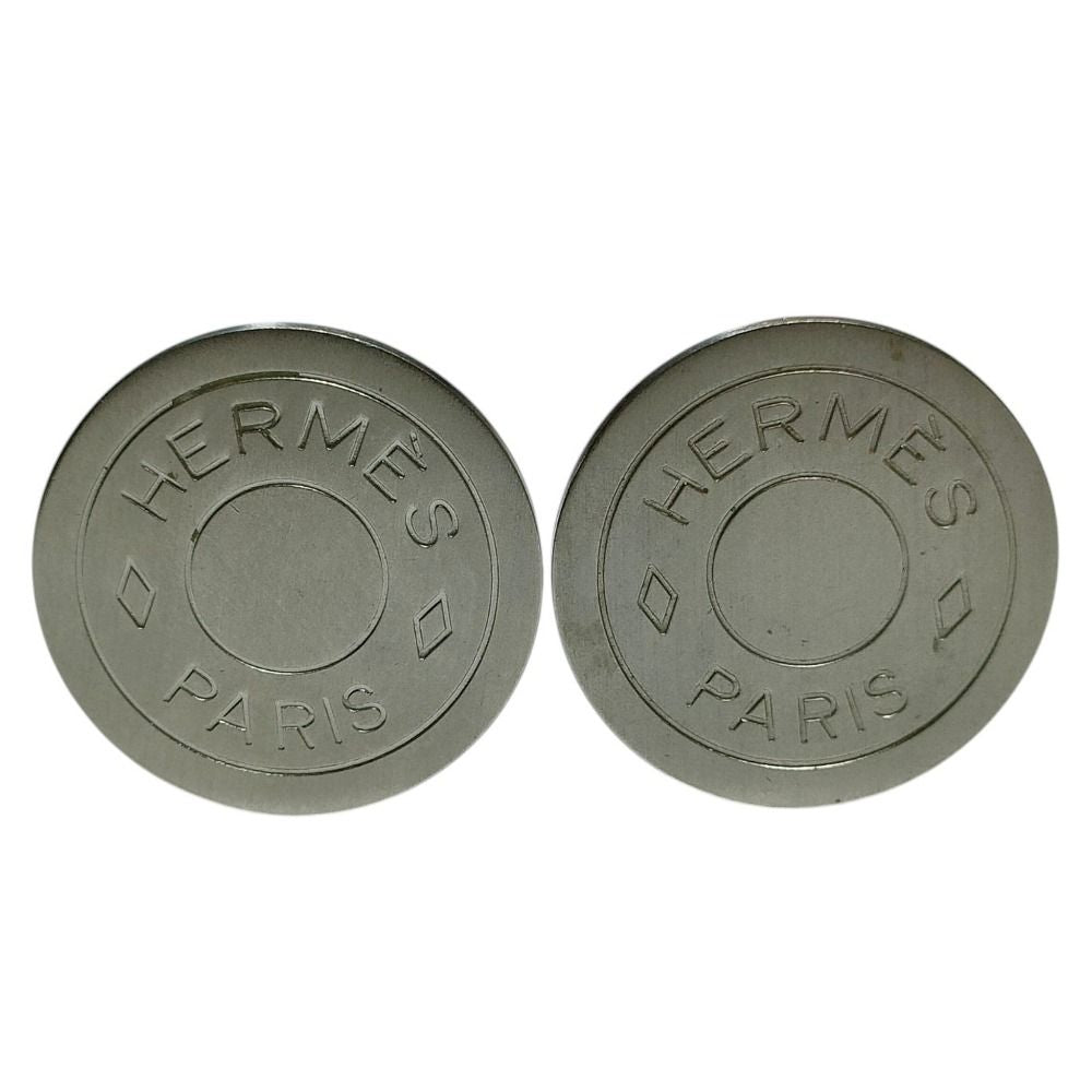 Hermes Sellier Round Logo Stamp Clip Earrings Silver Colored