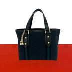Gucci GG Logo Pattern Canvas Leather Mini Tote Boston Bag Navy