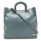 Prada Triangle Logo Tote Business 2-Way Shoulder Bag Leather Blue Gray Silver