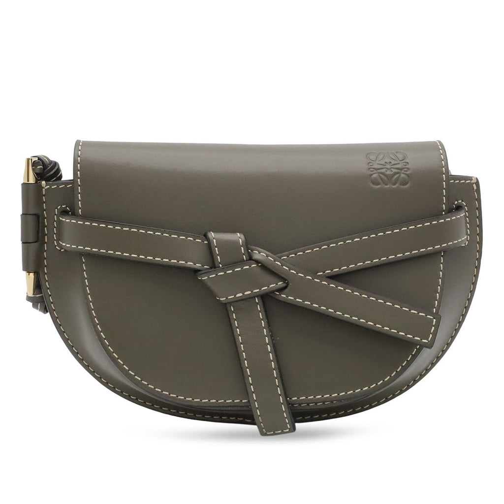 Loewe Mini Gate Bum Back Waist Pouch Belt Bag Cross Leather Khaki Gold