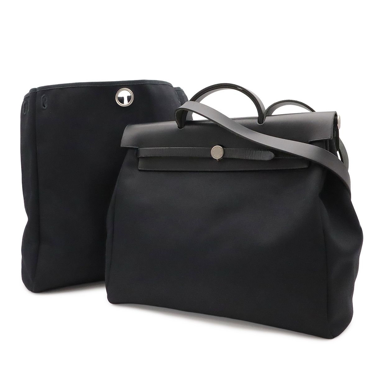 Hermes Herbag MM 2-Way Shoulder Bag Toile Officier Leather Black Silver