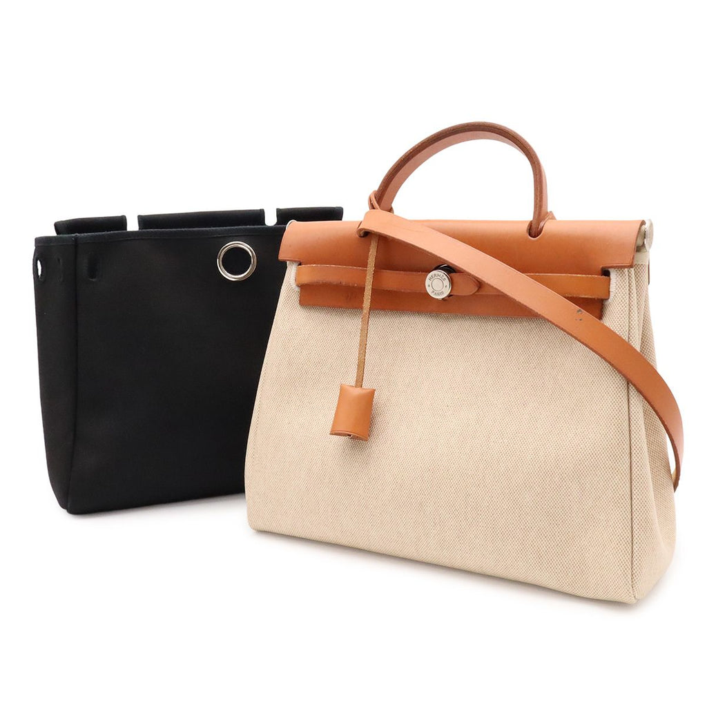 Hermes Herbag PM 2-Way Shoulder Bag Toile Officier GM Black Natural