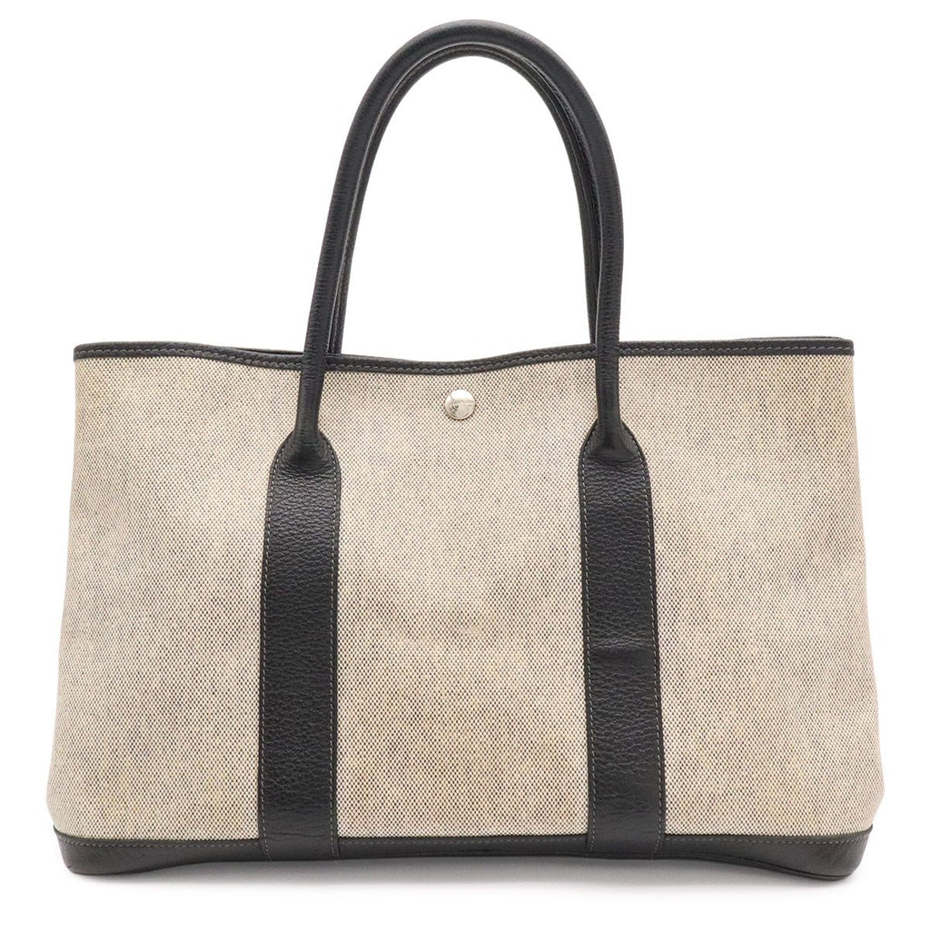 Hermes Garden Party PM Bolduc Ribbon Tote Toile H Leather Gray Black