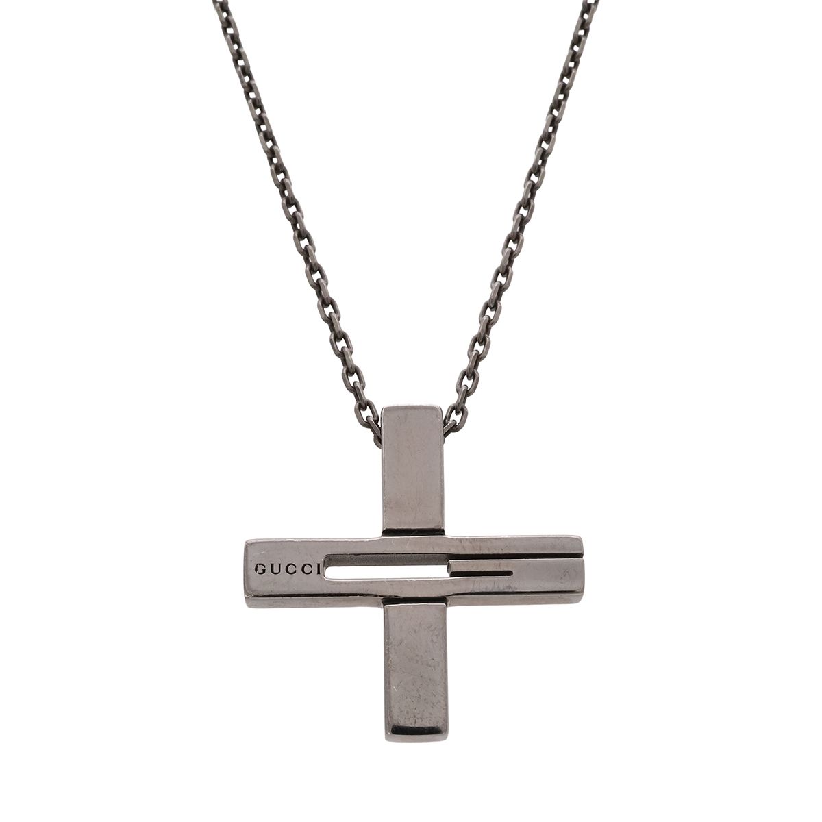 Gucci G Motif Cross Pendant Gunmetal Necklace