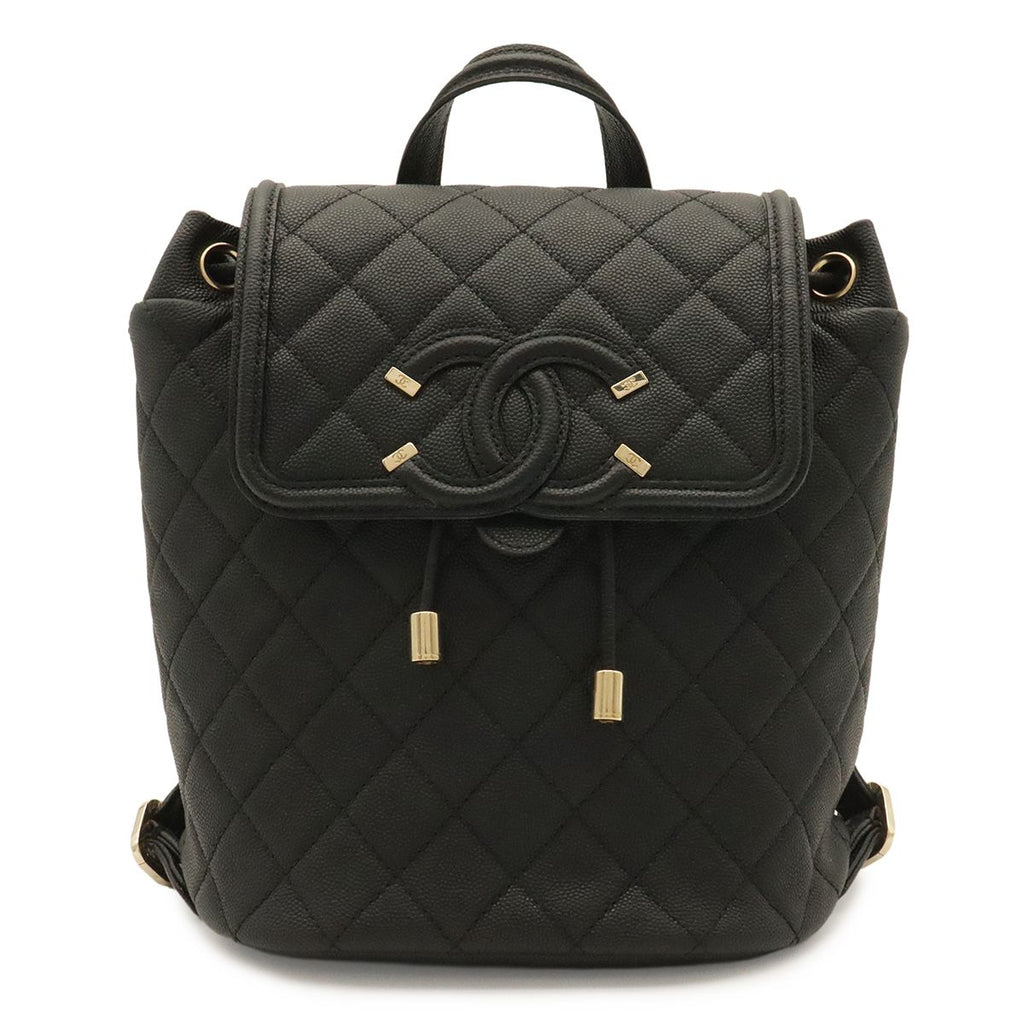 Chanel CC Filigree CC Logo Backpack Drawstring Caviar Leather Black Gold