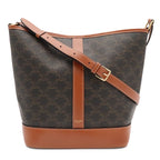 Celine Triomphe Medium Bucket Shoulder Bag Crossbody Canvas Calfskin Tan Brown