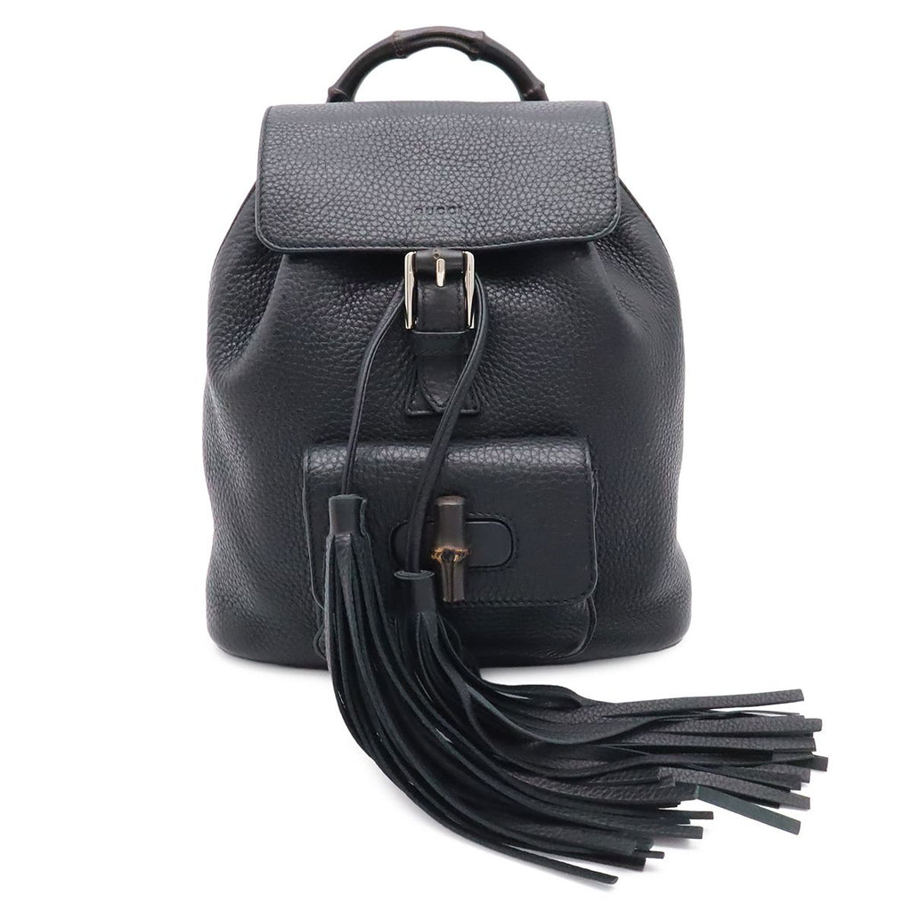 Gucci Bamboo Backpack Shoulder Bag Tassel Fringe Leather Black Silver
