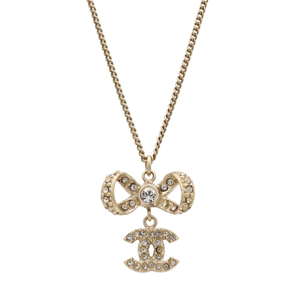 Chanel CC Logo Ribbon Motif Pendant Rhinestone Gold 10P Necklace