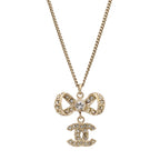 Chanel CC Logo Ribbon Motif Pendant Rhinestone Gold 10P Necklace