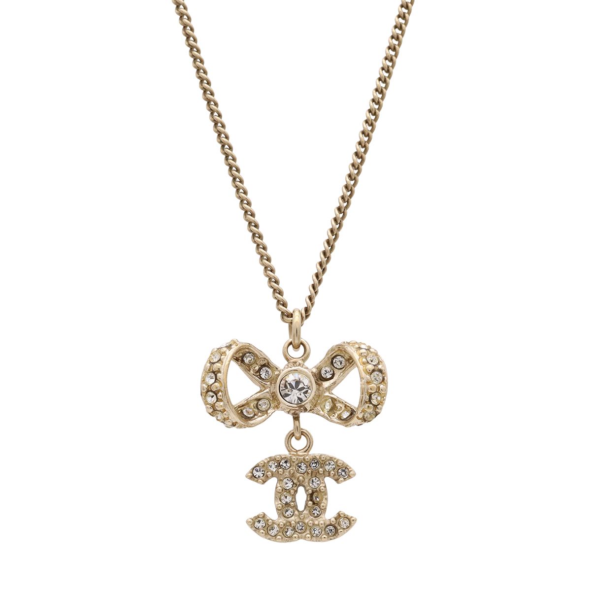 Chanel CC Logo Ribbon Motif Pendant Rhinestone Gold 10P Necklace