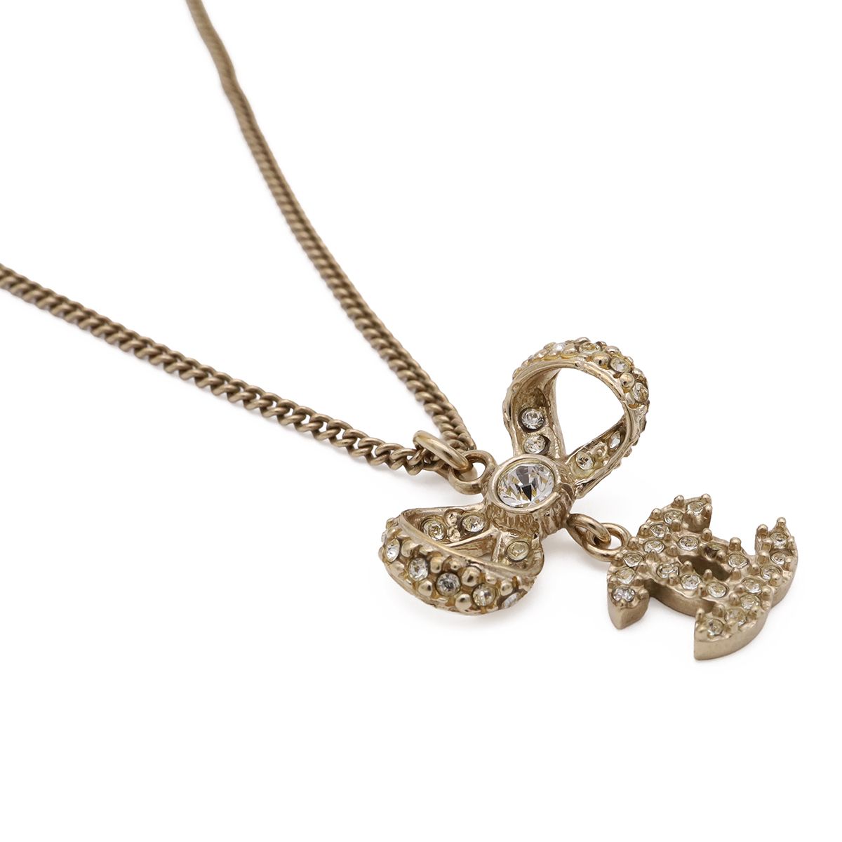Chanel CC Logo Ribbon Motif Pendant Rhinestone Gold 10P Necklace — view 3