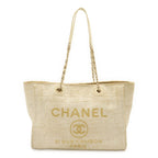 Chanel Deauville Line Tote MM Medium Chain Shoulder Bag White Gold Silver