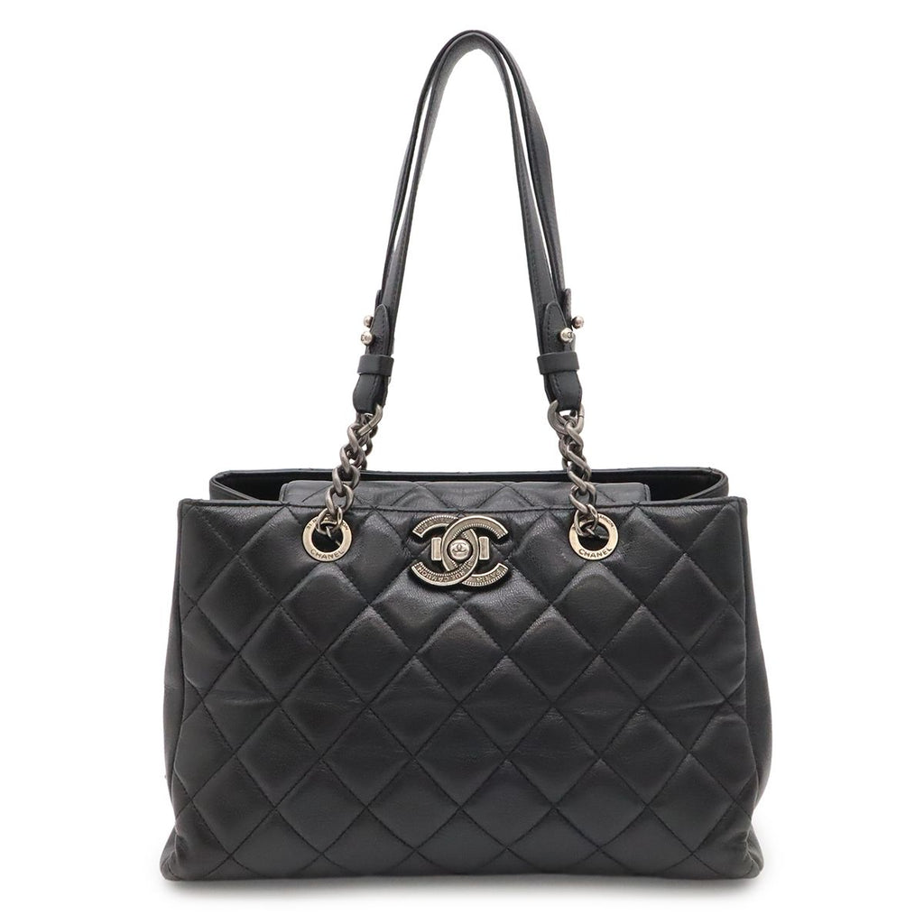 Chanel Boy Quilted CC Logo Chain Shoulder Bag Tote Leather Black