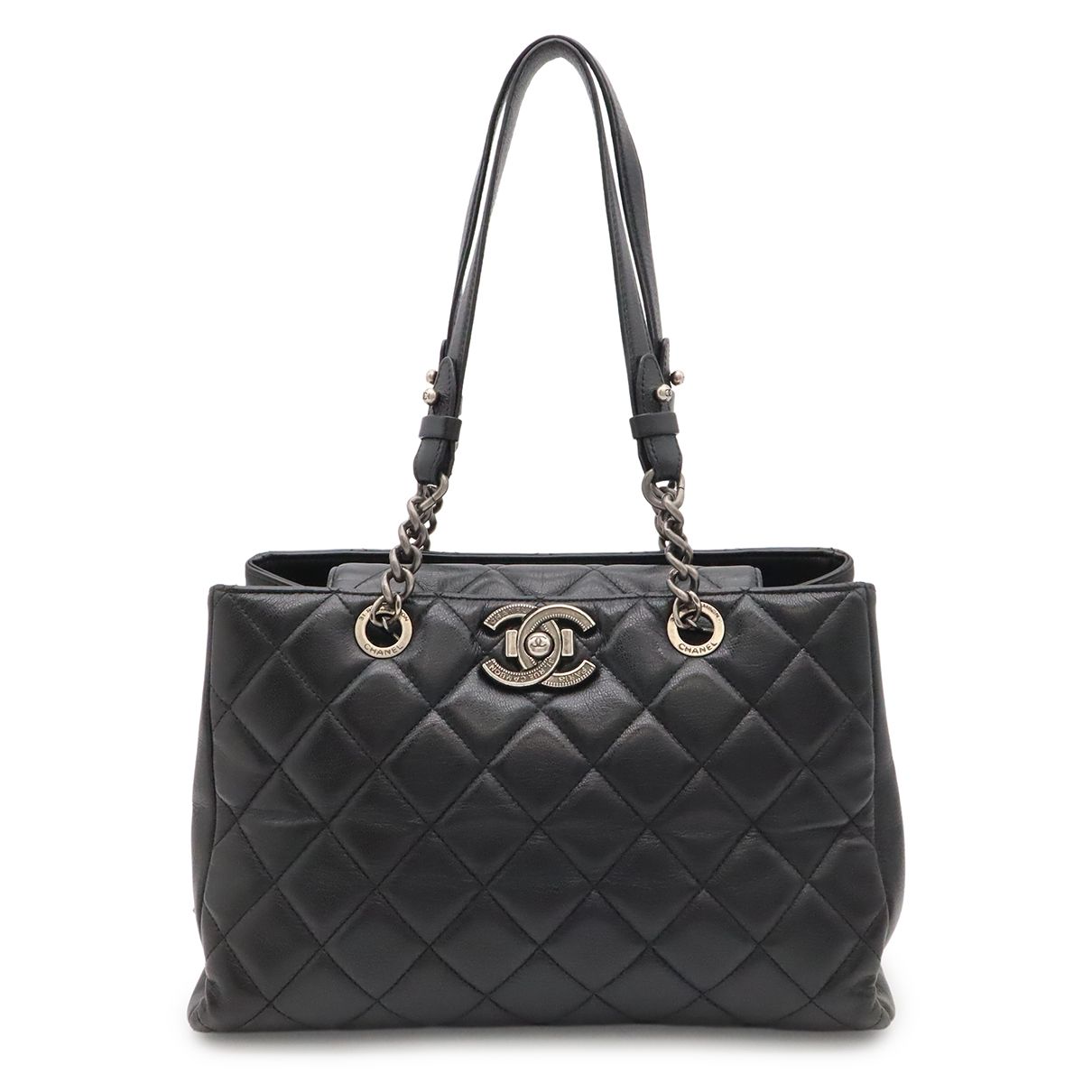 Chanel Boy Quilted CC Logo Chain Shoulder Bag Tote Leather Black